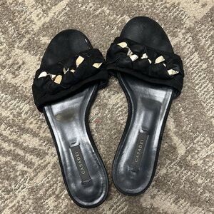 Casadei black suede and gold chain sandals 7.5